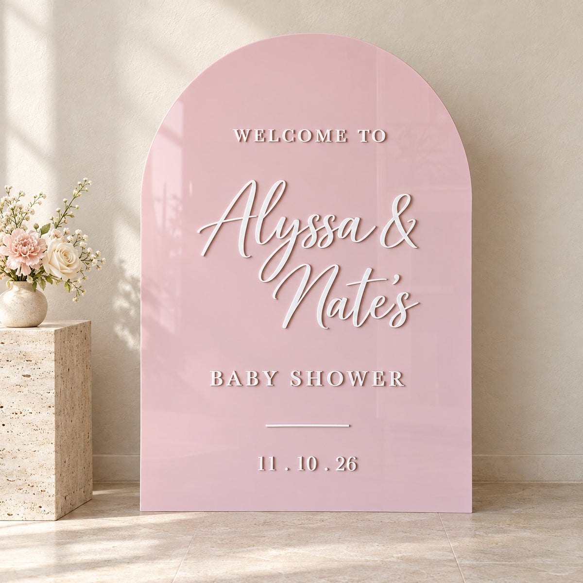Luxe blush pink personalised acrylic arch baby shower welcome sign with raised white lettering