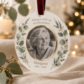Personalised memorial Christmas ornament with photo, eucalyptus and gold acrylic detail