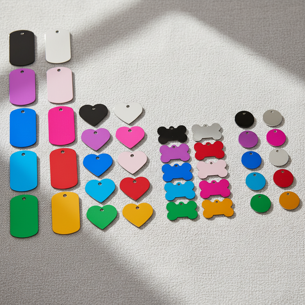 Assorted colorful pet ID tags on a white background