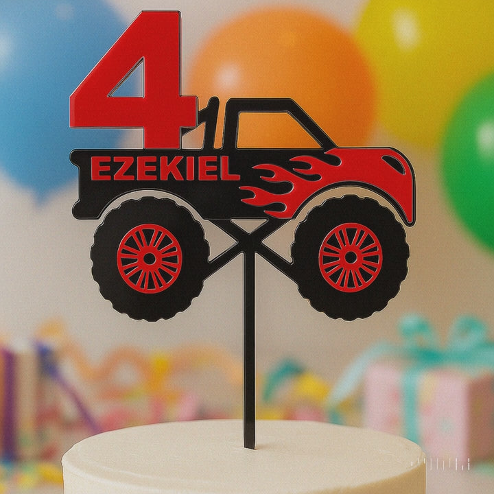 Personalised Monster Truck Cake Topper – Custom Name & Age | Boys 4th Birthday Party Decoration