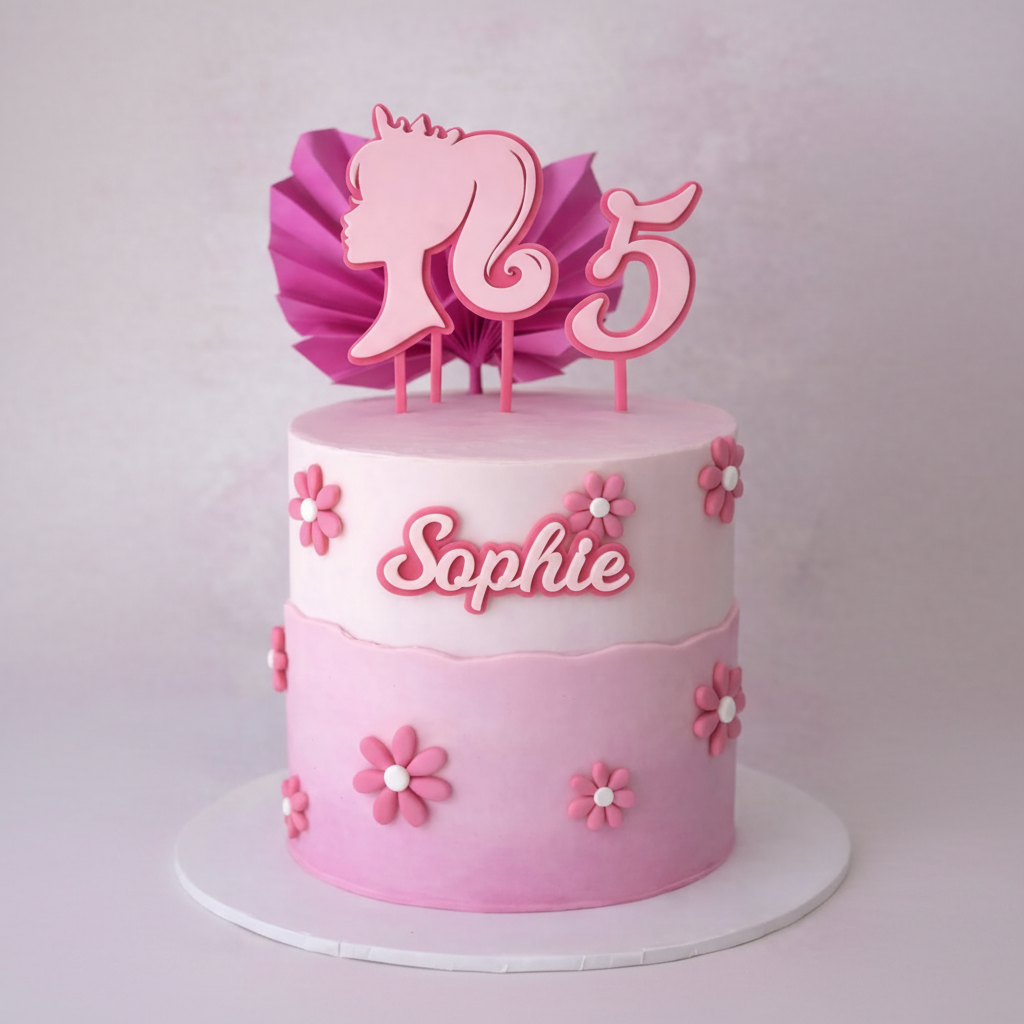 Pink birthday cake with decorative topper and flowers on a white background