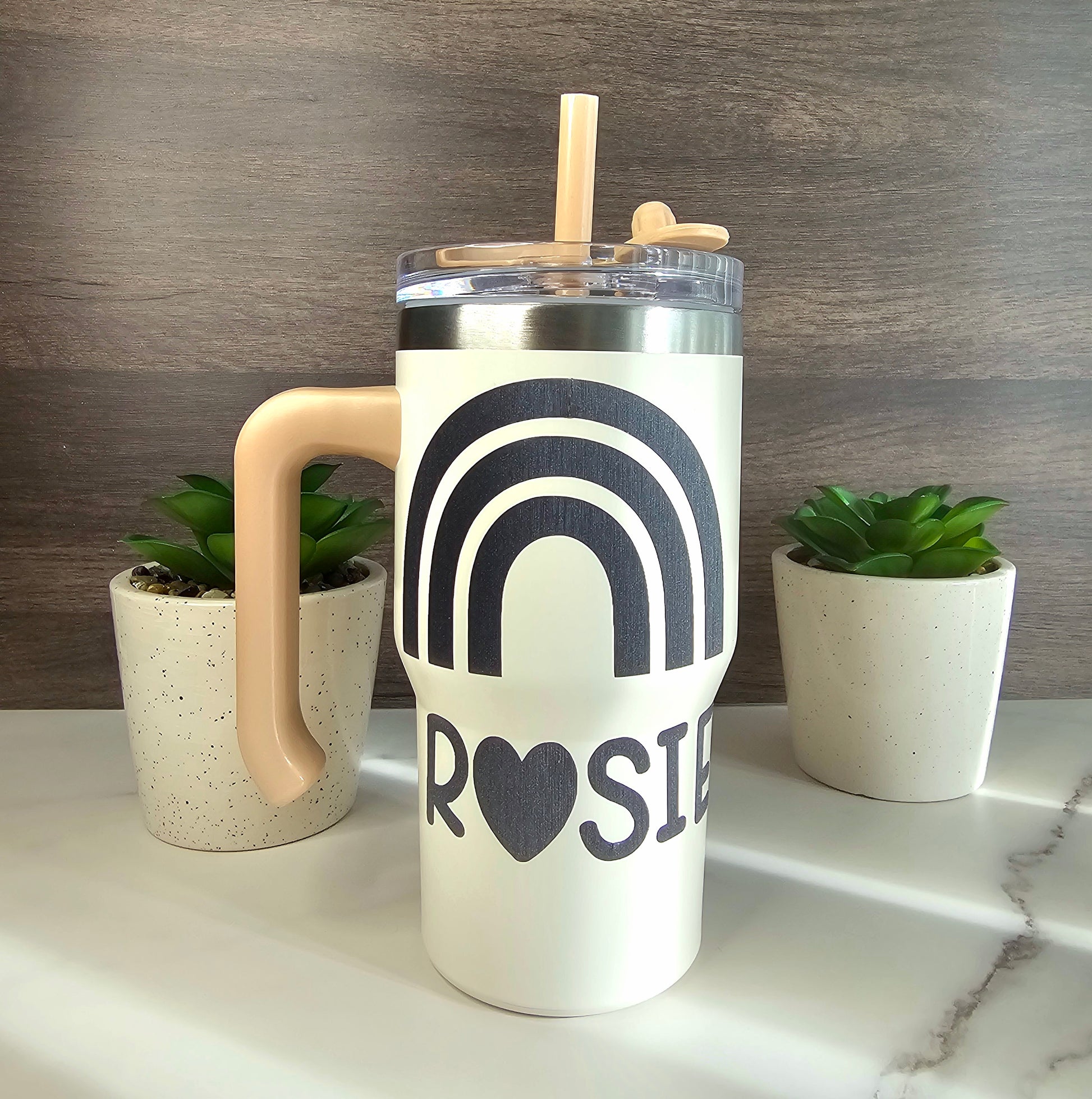 Custom Name Tumbler – Personalised Rainbow Travel Cup with Handle & Straw