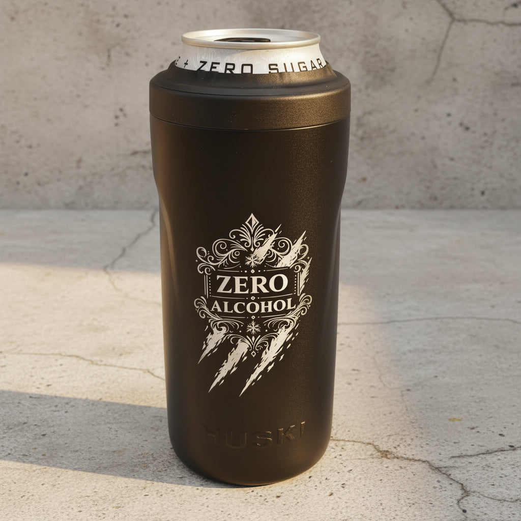 Black can with 'Zero Alcohol' label on a gray background