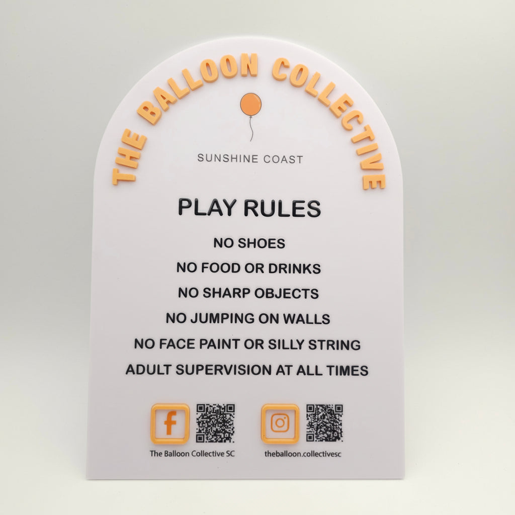 Play rules sign for 'The Balloon Collective' on the Sunshine Coast with a QR code and social media information.