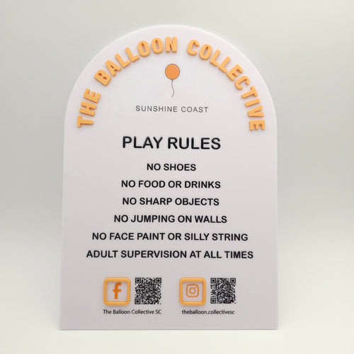 Play rules sign for 'The Balloon Collective' on the Sunshine Coast with a QR code and social media information.