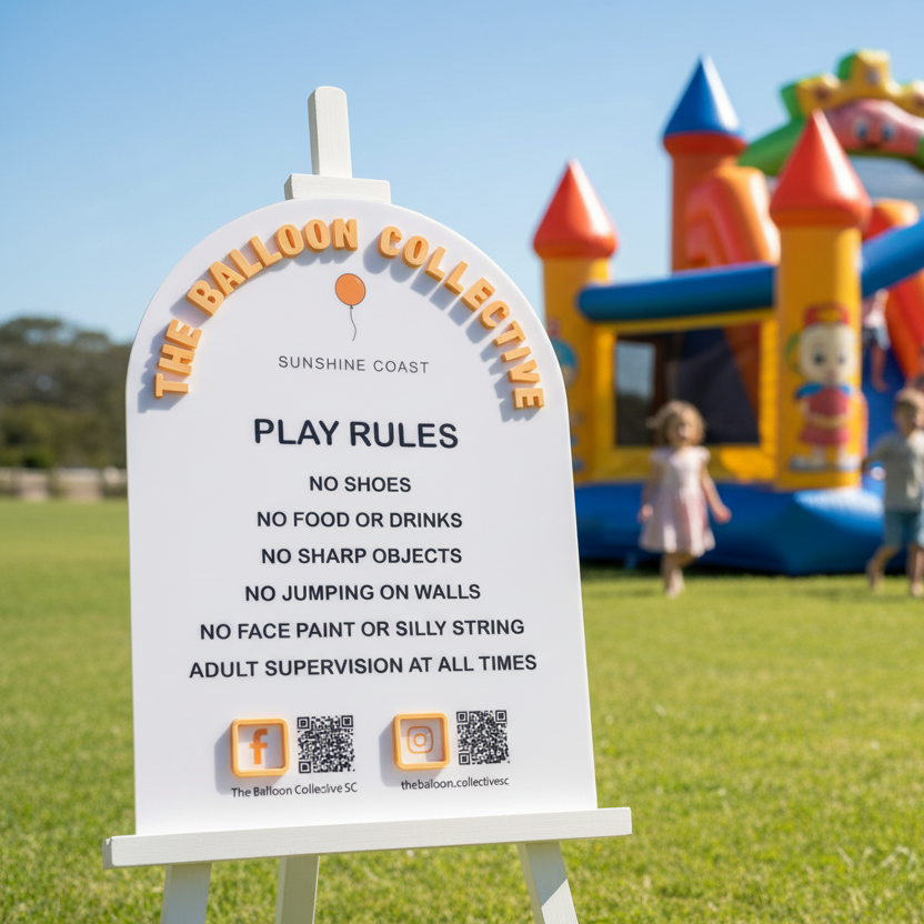 Colorful inflatable bounce house with children playing in the background and a sign displaying play rules.