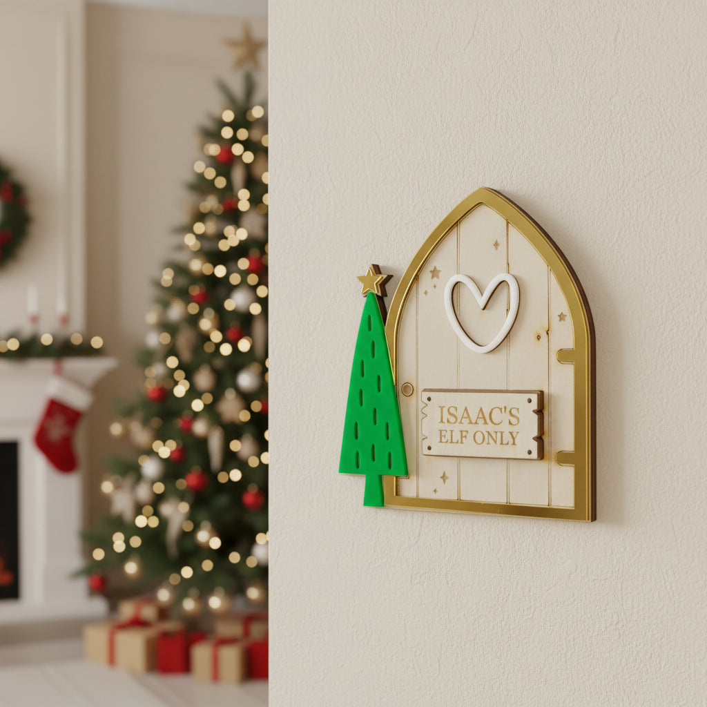 Wooden fairy door with decorative elements and 'Isaac's Elf Only' sign on a plain background