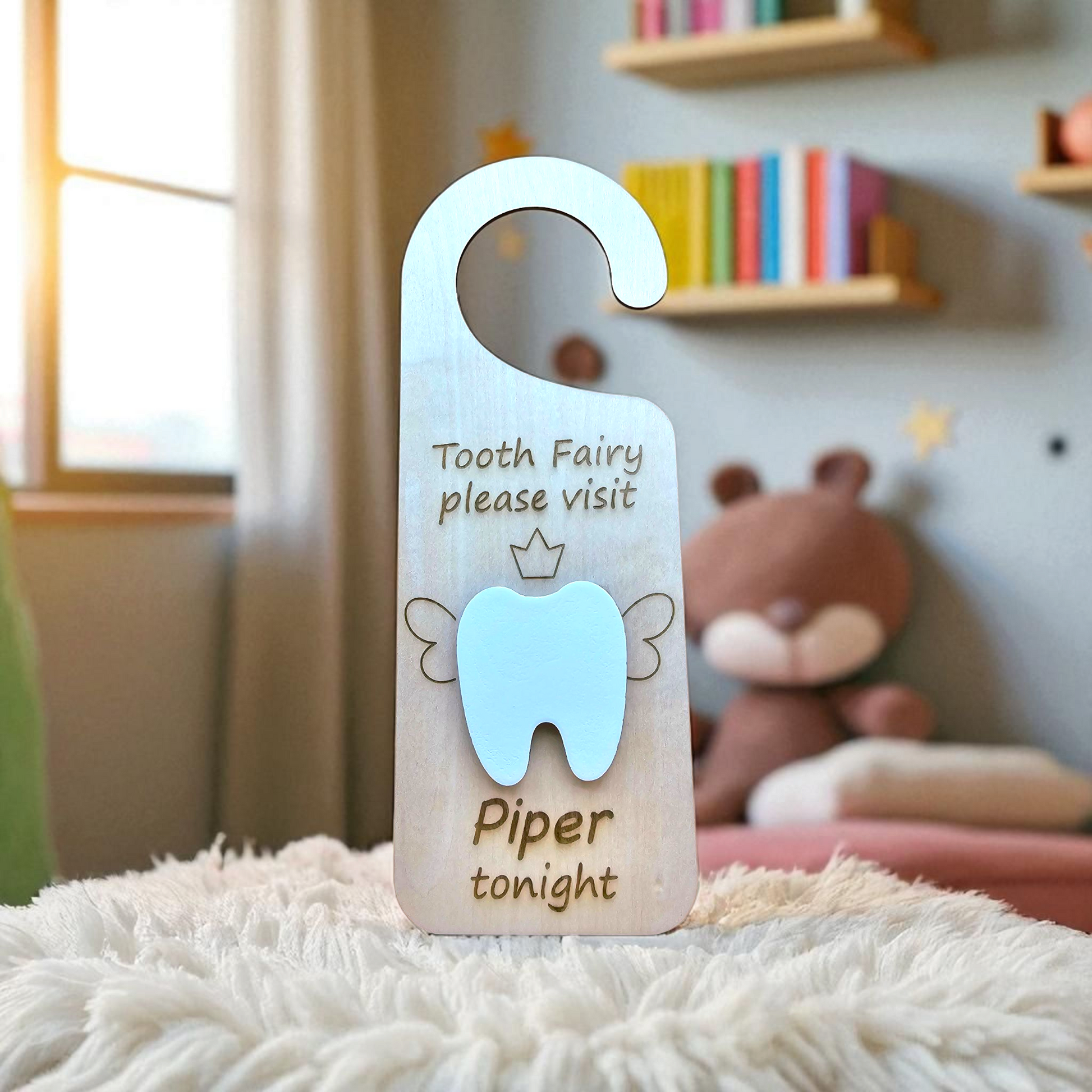 Personalised Tooth Fairy Door Hanger – Wooden Keepsake with Note Slot