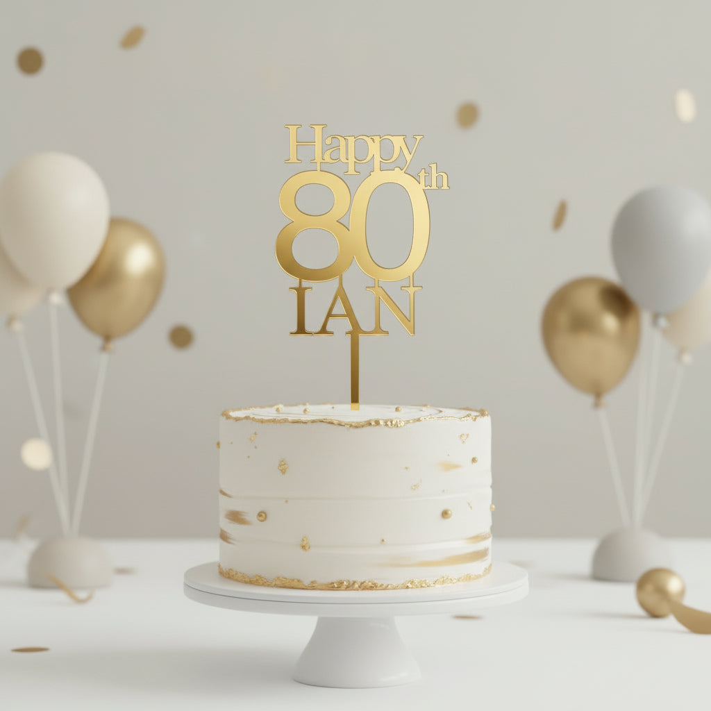 Gold 'Happy 80th' cake topper on a cake with macarons and balloons against a gray background