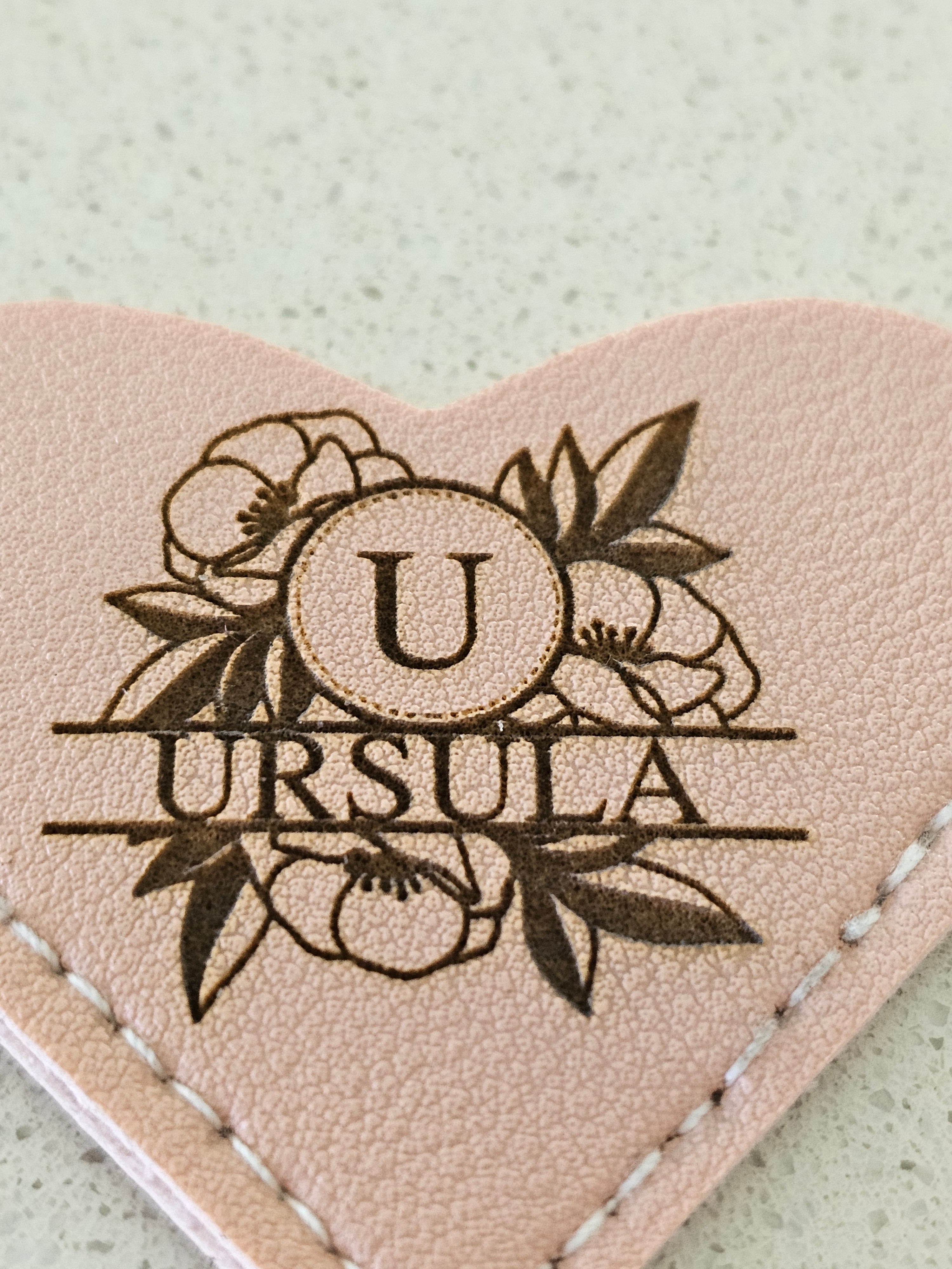 Personalised Leather Heart Bookmark – Floral Engraved Design