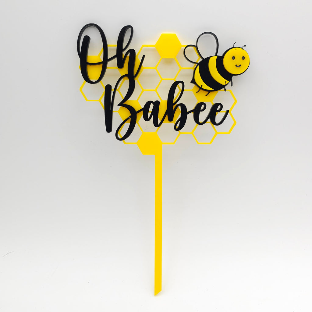Oh Babee Honeycomb Bee Baby Shower Cake Topper – Yellow & Black Acrylic