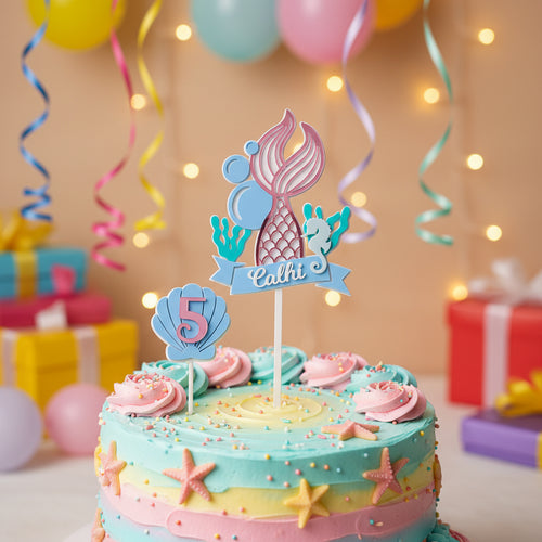 Mermaid-themed birthday cake topper with number 5 and name 'Calhi' on a light purple background