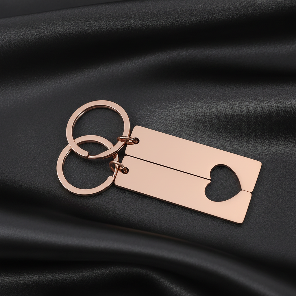 Rose gold keychain with bottle opener on a beige background