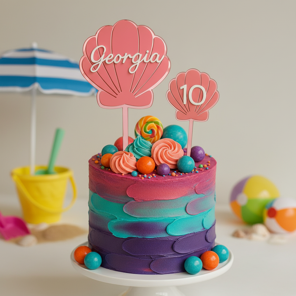 Colorful cake with pink shell-shaped toppers displaying 'Georgia' and '10' on a neutral background.