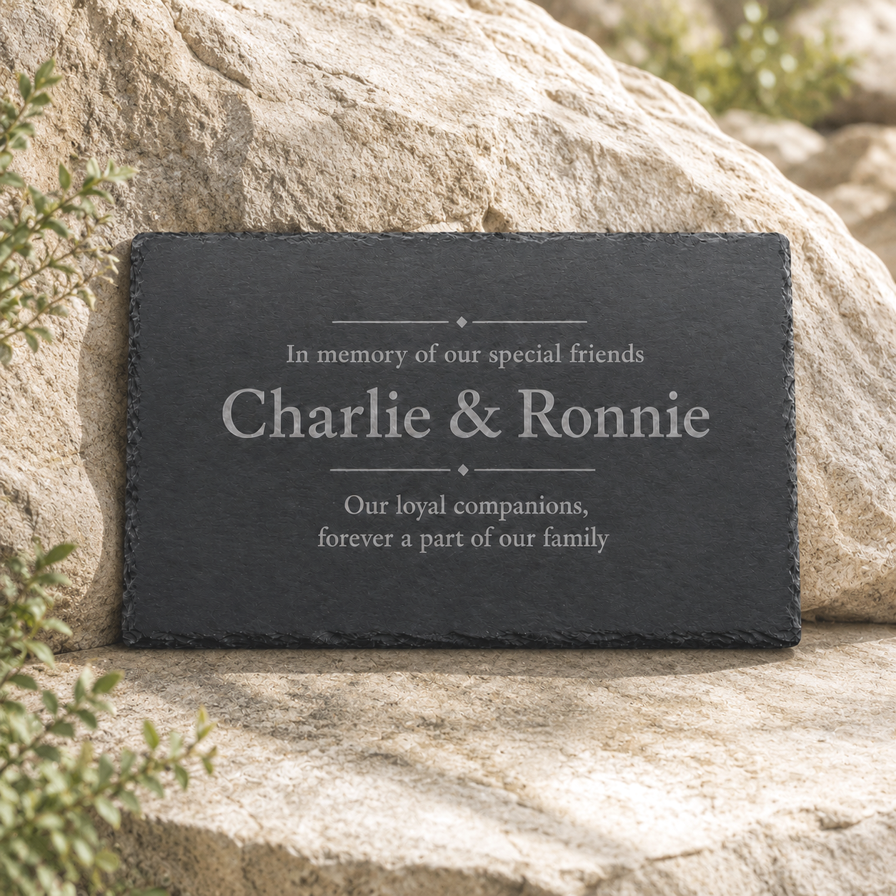Slate plaque with engraved text on a rock background