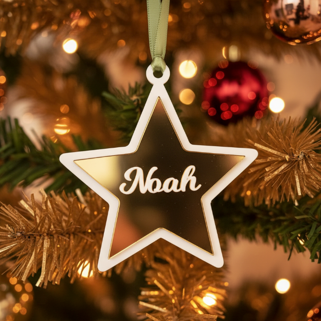 Star-shaped ornament with 'Noah' on a Christmas tree with lights and decorations.