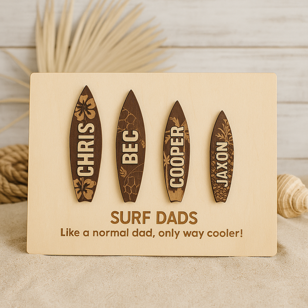 Wooden surfboard-shaped signs with names on a beige card, set against a natural background.