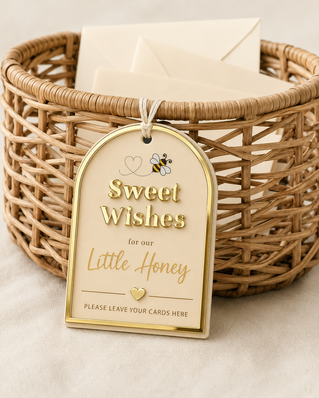 Luxe baby shower card collection basket tag with cream acrylic and raised gold mirror Sweet Wishes lettering