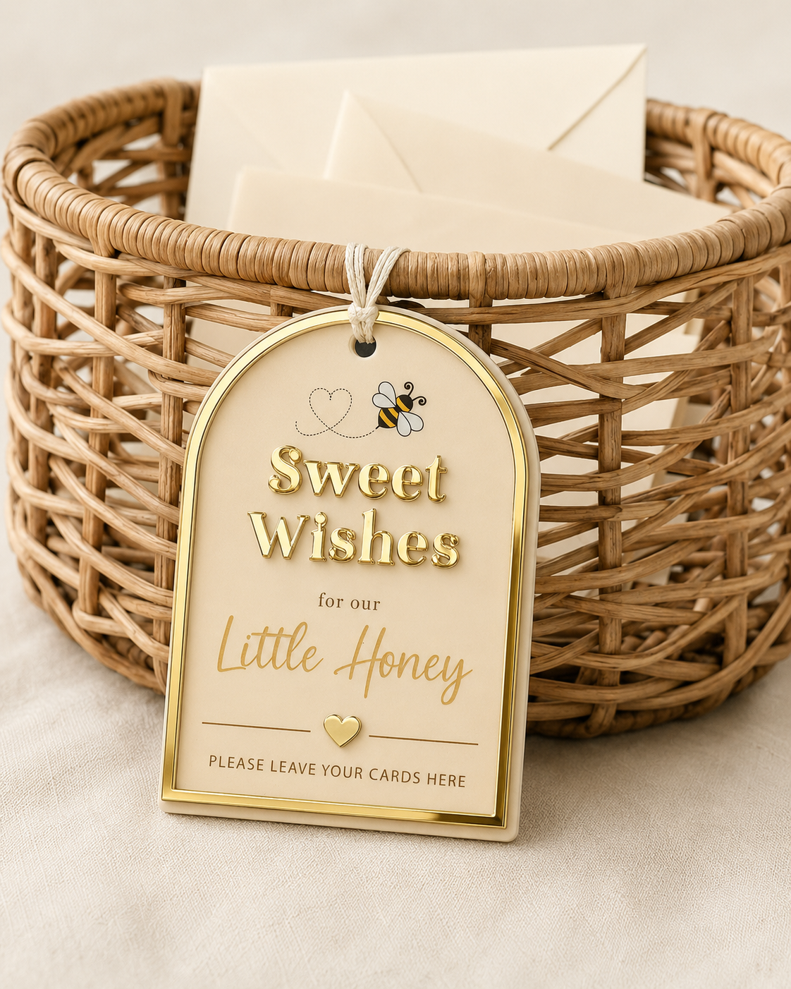 Luxe baby shower card collection basket tag with cream acrylic and raised gold mirror Sweet Wishes lettering