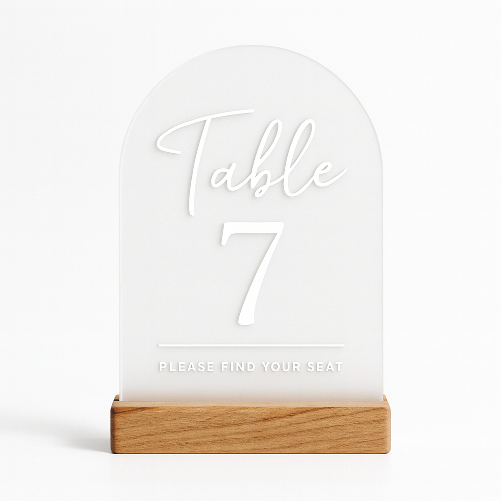 Acrylic Wedding Table Number Sign – Arched with Timber Base