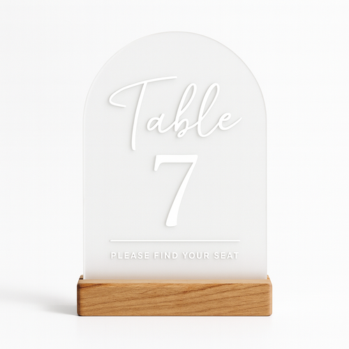 Acrylic Wedding Table Number Sign – Arched with Timber Base