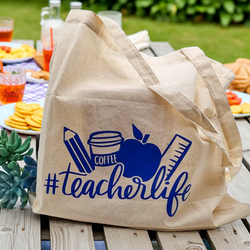 #TeacherLife Canvas Tote Bag – Blue Print