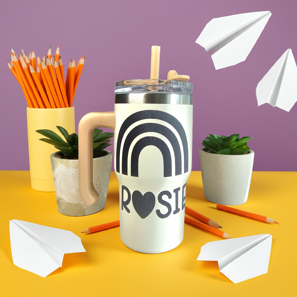 Custom Name Tumbler – Personalised Rainbow Travel Cup with Handle & Straw