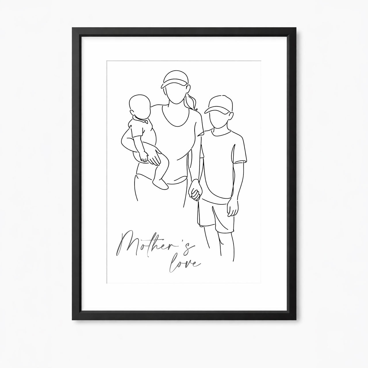 Framed artwork of a line drawing of a mother and two children holding hands with 'Mother's Love' text.