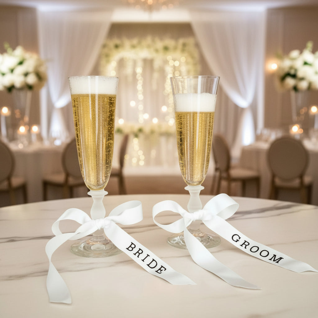 Two champagne flutes with 'Bride' and 'Groom' ribbons on a wooden surface.