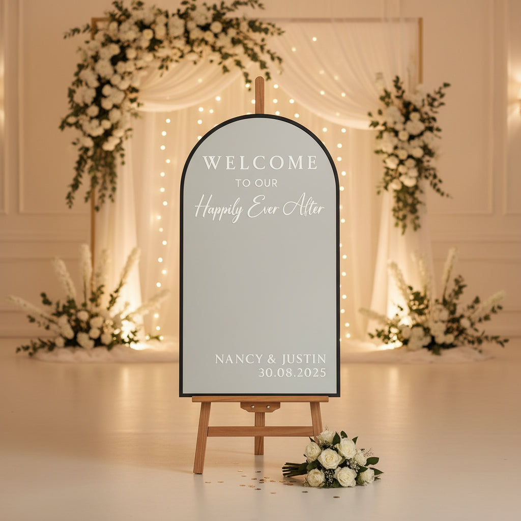 Decorative wedding sign mirror with personalised text 