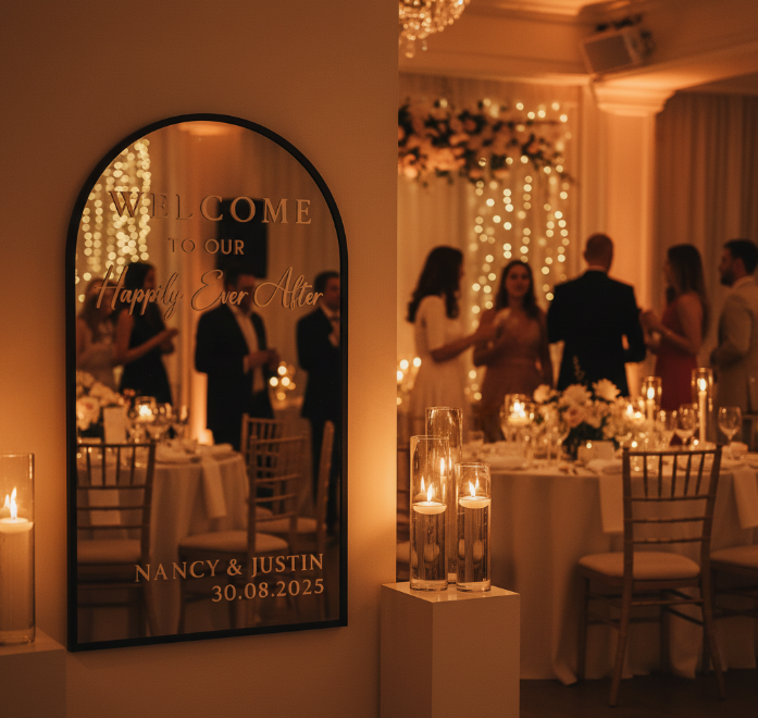 Personalised Mirror Wedding Sign – Custom Acrylic Lettering