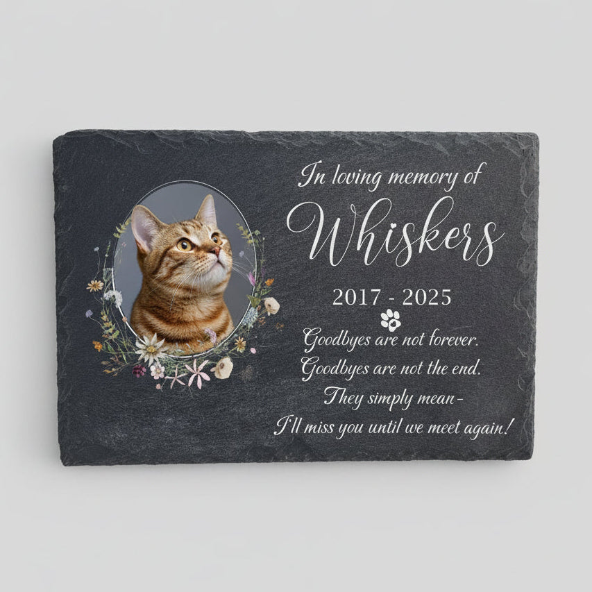 Personalised photo pet memorial slate plaque on a dark slate background